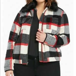 TORRID Bomber Jacket 3X Top Plaid Wool Fur Collar